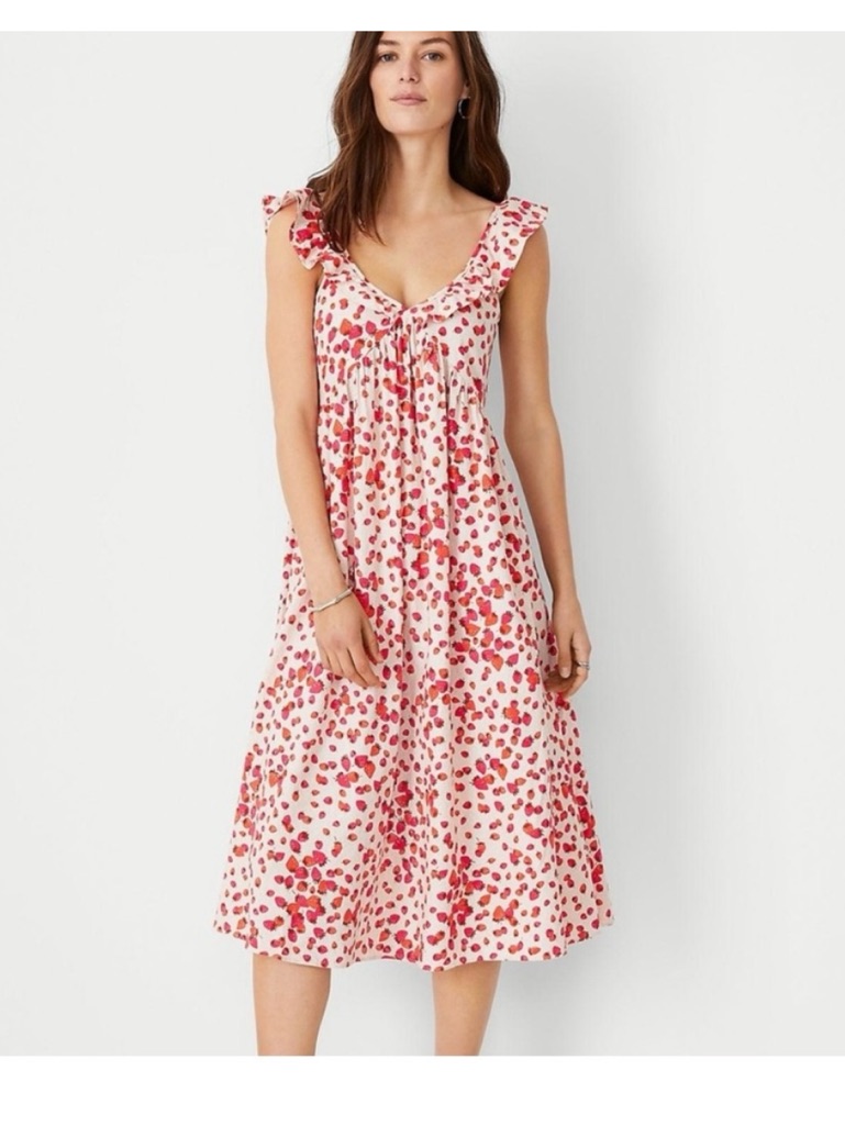 Nwt Ann Taylor Strawberry Print Linen Blend Ruffle Sleeve Midi Dress 8